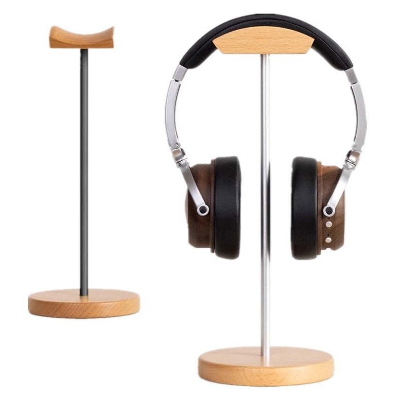 Desk Setup Desk - Houten en aluminium hoofdtelefoonstandaard van zwart