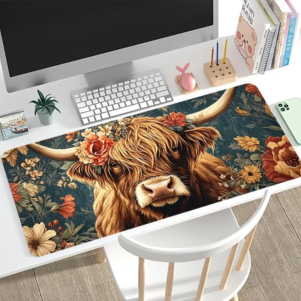 Desk Setup Gaming Pc - Vintage Highland Cow Floral Gaming Muismat