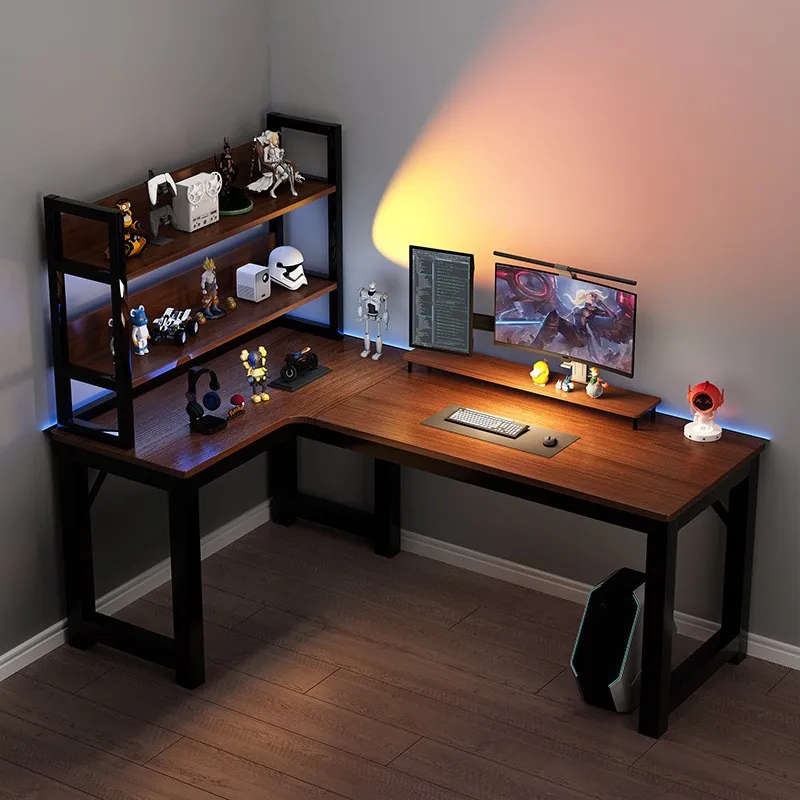 Desk Setup Corner - Hoek-gamingbureau met boekenplank en gatenbord, dubbele