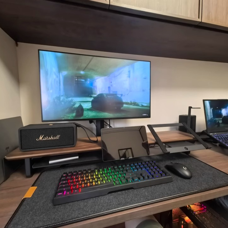 Desk Setup Black And Wood - Modulaire monitorverhoger Ergonomische bureau-organizer Zwart Gaming-opstelling