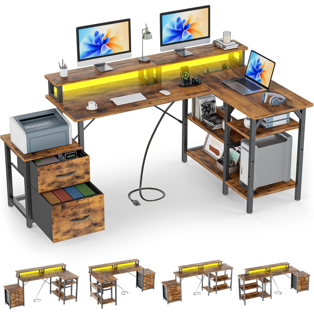 Desk Setup Corner - Bureau met laden & stopcontact, omkeerbare